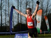 22 January 2017; Niall Sheehan of Gowran AC, Co Kilkenny, celebrates on his way to winning the Intermediate men's race during the Irish Life Health Intermediate & Juvenile Inter Club Relay at Palace Grounds in Tuam, Co.Galway.  Photo by Sam Barnes/Sportsfile