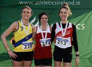 22 January 2017; Intermediate Women's medallists, from left, Rachel Gibson of North Sligo AC, bronze Aoife Cooke of Youghal AC, gold, and Sinead Tangney of Sportsworld AC, silver, after competing in the Irish Life Health Intermediate & Juvenile Inter Club Relay at Palace Grounds in Tuam, Co.Galway.  Photo by Sam Barnes/Sportsfile