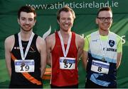 22 January 2017; Men's intermediate medallists, from left, Ian Guiden of Clonliffe Harriers AC, bronze, Niall Sheehan of Gowran AC, gold, and Colin Maher of Ballyfin AC, silver, during the Irish Life Health Intermediate & Juvenile Inter Club Relay at Palace Grounds in Tuam, Co.Galway.  Photo by Sam Barnes/Sportsfile