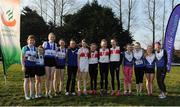 22 January 2017; Girls U14 relay medallists, from left, Finvalley AC, bronze, Galway City Harriers AC, gold, and Ratoath AC, silver, after competing in the Irish Life Health Intermediate & Juvenile Inter Club Relay at Palace Grounds in Tuam, Co.Galway.  Photo by Sam Barnes/Sportsfile