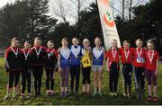 22 January 2017; Girls U12 relay medallists, from left, Galway City Harriers, bronze, Ratoath AC, gold, and St Ronans AC, silver, after competing in the Irish Life Health Intermediate & Juvenile Inter Club Relay at Palace Grounds in Tuam, Co.Galway.  Photo by Sam Barnes/Sportsfile