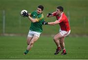 22 January 2017; Conor Downey of Meath in action against Kevin Carr of Louth during the Bord na Mona O'Byrne Cup semi-final match between Meath and Louth at Páirc Táilteann in Navan, Co. Meath. Photo by David Fitzgerald/Sportsfile