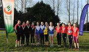 22 January 2017; Girls U12 relay medallists, from left, Galway City Harriers, bronze, Ratoath AC, gold, and St Ronans AC, silver, after competing in the Irish Life Health Intermediate & Juvenile Inter Club Relay at Palace Grounds in Tuam, Co.Galway.  Photo by Sam Barnes/Sportsfile