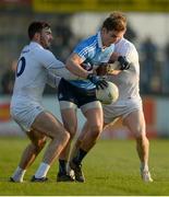22 January 2017; Eóin O'Brien of Dublin is tackled by Fergal Conway, left, and Daniel Flynn of Kildare during the Bord na Mona O'Byrne Cup semi-final match between Kildare and Dublin at St Conleth's Park in Newbridge, Co Kildare. Photo by Piaras Ó Mídheach/Sportsfile