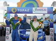19 June 2011; Tim McNulty and Paul Kiely, Subaru Impreza WRC, at the finish ramp after winning the Topaz Donegal International Rally, Day 3, Donegal. Picture credit: Philip Fitzpatrick / SPORTSFILE