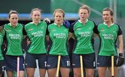 18 June 2011; Ireland players, from left, Jean McDonnelll, Lisa Jacob, Nikki Symmons, Alex Speers and Michelle Harvey stand for the National Anthem before the game. ESB Electric Ireland Champions Challenge, Ireland v India, National Hockey Stadium, UCD, Belfield, Dublin. Picture credit: Brendan Moran / SPORTSFILE