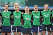 18 June 2011; Ireland players, from left, Emma Smyth, Julia O'Halloran, Lizzie Colvin, Jean McDonnell and Lisa Jacob stand for the National Anthem before the game. ESB Electric Ireland Champions Challenge, Ireland v India, National Hockey Stadium, UCD, Belfield, Dublin. Picture credit: Brendan Moran / SPORTSFILE