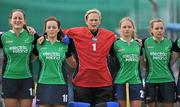 18 June 2011; Ireland players, from left, Audrey O'Flynn, Aine Connery, Emma Gray, Chloe Watkins and Cliodhna Sargent stand for the National Anthem before the game. ESB Electric Ireland Champions Challenge, Ireland v India, National Hockey Stadium, UCD, Belfield, Dublin. Picture credit: Brendan Moran / SPORTSFILE