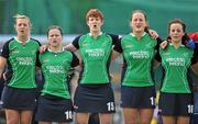 18 June 2011; Ireland players, from left, Emma Clarke, Shirley McCay, Sinead McCarthy, Audrey O'Flynn and Aine Connery stand for the National Anthem before the game. ESB Electric Ireland Champions Challenge, Ireland v India, National Hockey Stadium, UCD, Belfield, Dublin. Picture credit: Brendan Moran / SPORTSFILE