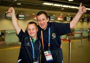 20 June 2011; Limerick Special Olympics athletes, Alan Quinlan, left, Cappamore, and Brian Ridgeway, Castletroy, Team Ireland, sponsored by eircom, who departed for 2011 Special Olympics World Summer Games in Athens. A total of 126 athletes from Ireland will compete at these prestigious Games which will run from 25th June -4th July. To follow Team Ireland’s progress at the Games please visit www.specialolympics.ie/athens. Dublin Airport, Dublin. Picture credit: Ray McManus / SPORTSFILE