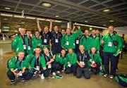 20 June 2011; Members and coaches of the Team Men's 11-a-side, Team Ireland, sponsored by eircom, who departed for the 2011 Special Olympics World Summer Games in Athens. A total of 126 athletes from Ireland will compete at these prestigious Games which will run from 25th June - 4th July. To follow Team Ireland’s progress at the Games please visit www.specialolympics.ie/athens. Dublin Airport, Dublin. Picture credit: Ray McManus / SPORTSFILE