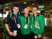 20 June 2011; Michael Neville, from Sixmilebridge, Co. Clare, Kenneth Ervine, from Belfast, Co. Antrim and Greg Kirkpatrick, from Saintfield, Co. Down, Team Ireland, sponsored by eircom, who departed for the 2011 Special Olympics World Summer Games in Athens. A total of 126 athletes from Ireland will compete at these prestigious Games which will run from 25th June - 4th July. To follow Team Ireland’s progress at the Games please visit www.specialolympics.ie/athens. Dublin Airport, Dublin. Picture credit: Ray McManus / SPORTSFILE