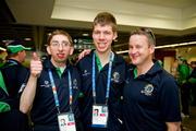 20 June 2011; Michael Glynn, left, from Athlone, Co. Roscommon, Gary Cunningham, from Oranmore, Co. Galway, and coach Tommy Canavan, from Ballina, Co. Mayo, Team Ireland, sponsored by eircom, who departed for the 2011 Special Olympics World Summer Games in Athens. A total of 126 athletes from Ireland will compete at these prestigious Games which will run from 25th June - 4th July. To follow Team Ireland’s progress at the Games please visit www.specialolympics.ie/athens. Dublin Airport, Dublin. Picture credit: Ray McManus / SPORTSFILE