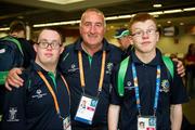 20 June 2011; Coach Michael Lynch, centre, with Special Olympics athletes Gary McCabe, left, from Clara, Co. Offaly, and Paul Dalton, from Athlone, Co. Westmeath, Team Ireland, sponsored by eircom, who departed for the 2011 Special Olympics World Summer Games in Athens. A total of 126 athletes from Ireland will compete at these prestigious Games which will run from 25th June - 4th July. To follow Team Ireland’s progress at the Games please visit www.specialolympics.ie/athens. Dublin Airport, Dublin. Picture credit: Ray McManus / SPORTSFILE
