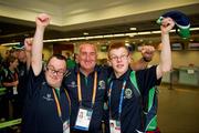 20 June 2011; Coach Michael Lynch, centre, with Special Olympics athletes Gary McCabe, left, from Clara, Co. Offaly, and Paul Dalton, from Athlone, Co. Westmeath, Team Ireland, sponsored by eircom, who departed for the 2011 Special Olympics World Summer Games in Athens. A total of 126 athletes from Ireland will compete at these prestigious Games which will run from 25th June - 4th July. To follow Team Ireland’s progress at the Games please visit www.specialolympics.ie/athens. Dublin Airport, Dublin. Picture credit: Ray McManus / SPORTSFILE