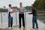 20 June 2011; Former Republic of Ireland Ireland soccer star David O'Leary, centre, pictured with Ulster Bank GAA star Karl Lacey, Donegal, left, and Newstalk 106-108 FM’s Off the Ball presenter Eoin McDevitt in advance of the  Newstalk 106-108 FM’s Off the Ball exclusive live broadcast of Ireland’s most popular sports radio show ‘Off the Ball’ at Dom Breslin's bar, on Monday June 20th. The live broadcast is part of the ‘Off the Ball Roadshow with Ulster Bank’ which gives people an opportunity to see the hit show broadcast live from popular GAA haunts across the country throughout the 2011 All-Ireland Senior Championships. Ulster Bank is also celebrating its three-year extended sponsorship of the GAA Football All-Ireland Championship with the introduction of a major new club focused initiative, called ‘Ulster Bank GAA Force’. The initiative will support local GAA clubs across the country by giving them the opportunity to refurbish and upgrade their facilities. For further information, checkout www.ulsterbank.com/gaa. Off the Ball Roadshow with Ulster Bank, Dom Breslin’s Bar, Donegal. Picture credit: Oliver McVeigh / SPORTSFILE