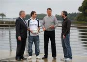 20 June 2011; Former Republic of Ireland Ireland soccer star David O'Leary, second from right, pictured with, from left to right, Ulter Bank's Terry Brady, Ulster Bank GAA star Karl Lacey, Donegal, and Newstalk 106-108 FM’s Off the Ball presenter Eoin McDevitt in advance of the  Newstalk 106-108 FM’s Off the Ball exclusive live broadcast of Ireland’s most popular sports radio show ‘Off the Ball’ at Dom Breslin's bar, on Monday June 20th. The live broadcast is part of the ‘Off the Ball Roadshow with Ulster Bank’ which gives people an opportunity to see the hit show broadcast live from popular GAA haunts across the country throughout the 2011 All-Ireland Senior Championships. Ulster Bank is also celebrating its three-year extended sponsorship of the GAA Football All-Ireland Championship with the introduction of a major new club focused initiative, called ‘Ulster Bank GAA Force’. The initiative will support local GAA clubs across the country by giving them the opportunity to refurbish and upgrade their facilities. For further information, checkout www.ulsterbank.com/gaa. Off the Ball Roadshow with Ulster Bank, Dom Breslin’s Bar, Donegal. Picture credit: Oliver McVeigh / SPORTSFILE