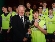 22 January 2017; DDSL Captain Sean Madden is presented with the cup by SFAI Vice Chairman Pat Kelly after the SFAI Subway Championship National Final match between DDSL and Waterford at Cahir Park AFC in Cahir, Tipperary. Photo by Eóin Noonan/Sportsfile