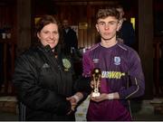 22 January 2017; Waterford goalkeeper Ben Kirwan is presented with the man of the match award by Rachel Johnston of Subway after the SFAI Subway Championship National Final match between DDSL and Waterford at Cahir Park AFC in Cahir, Tipperary. Photo by Eóin Noonan/Sportsfile