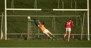 22 January 2017; Meath goalkeeper Joe Sheridan fails to save the penalty of Jim McEneaney of Louth during the Bord na Mona O'Byrne Cup semi-final match between Meath and Louth at Páirc Táilteann in Navan, Co. Meath. Photo by David Fitzgerald/Sportsfile