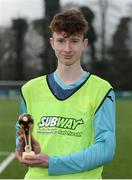 22 January 2017; Cork goalkeeper Adam Cantwell with his player of the match award after the U-15 SFAI SUBWAY Championship 2016-17 match between Galway and Cork at Cahir Park AFC in Cahir, Tipperary. Photo by Eóin Noonan/Sportsfile
