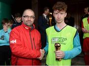 22 January 2017; Cork goalkeeper Adam Cantwell is presented with his player of the match award by Eamonn Duggan of Subway after the U-15 SFAI SUBWAY Championship 2016-17 match between Galway and Cork at Cahir Park AFC in Cahir, Tipperary. Photo by Eóin Noonan/Sportsfile