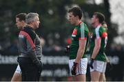 22 January 2017; Mayo manager Stephen Rochford in conversation with captain Cillian O'Connor ahead of the Connacht FBD League Section A Round 3 match between Roscommon and Mayo at St. Brigids GAA Club in Kiltoom, Co. Roscommon.  Photo by Ramsey Cardy/Sportsfile