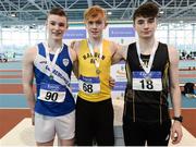 21 January 2017; Diarmuid O'Connor of Bandon A.C., Co. Cork, centre, Iarlaith Golding of Claremorris A.C., Co.  Mayo, left, and David Smith A.C., Letterkenny A.C., Co. Donegal at the Irish Life Health National Indoor Combined Events Championships at AIT International Arena in Athlone, Co. Westmeath. Photo by Eóin Noonan/Sportsfile