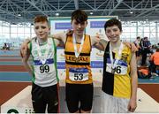 21 January 2017; Harry Nevin of Leevale A.C., Co Cork, centre, Conor Hoade of Craughwell A.C., Co. Galway and Michael Raggett of Kilkenny City Harriers A.C., Co. Kilkenny at the Irish Life Health National Indoor Combined Events Championships at AIT International Arena in Athlone, Co. Westmeath. Photo by Eóin Noonan/Sportsfile
