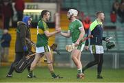 22 January 2017; Paud Costello of Kerry and Cian Lynch of Limerick exchange a handshake after the Co-Op Superstores Munster Senior Hurling League Round 4 match between Limerick and Kerry at the Gaelic Grounds in Limerick. Photo by Diarmuid Greene/Sportsfile
