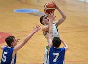 25 January 2017; Cormac O'Rourke of St. Malachy's College in action against Iarlaith O'Sullivan, 5, and James Cummins, 7, of St Josephs Bish Galway during the Subway All-Ireland Schools U16A Boys Cup Final match between St Joes Bish and St Malachys College at the National Basketball Arena in Tallaght, Co Dublin. Photo by Eóin Noonan/Sportsfile