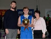 25 January 2017; Aaron Kiernan of St Josephs Bish Galway is presented with the MVP award by Jason Killeen and Theresa Walsh, President of Basketball Ireland, after the Subway All-Ireland Schools U16A Boys Cup Final match between St Joes Bish and St Malachys College at the National Basketball Arena in Tallaght, Co Dublin. Photo by Eóin Noonan/Sportsfile