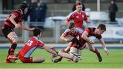 25 January 2017; Reuben Pim of Kilkenny College is tackled by Jacob Maguire and Liam Howley, left, of Catholic University School, during the Bank of Ireland Vinnie Murray Cup Semi-Final match between Kilkenny College and Catholic University School at Donnybrook Stadium in Donnybrook, Dublin. Photo by Piaras Ó Mídheach/Sportsfile