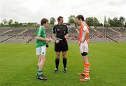 19 June 2011; Referee Sean Hurson in conversation with Fermanagh captain Ruairi Corrigan and  Armagh captain Colm Hoey before the game. Fermanagh v Armagh, Ulster GAA Football Minor Championship Semi-Final, St Tiernach's Park, Clones, Co. Monaghan. Picture credit: Oliver McVeigh / SPORTSFILE