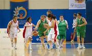 25 June 2011; Bridget O'Reilly Synnott, Team Ireland, from Clongriffin, Dublin, in action against Bresna Soyal and Cansw Turgut, Turkey, during a divisioning game. 2011 Special Olympics World Summer Games, OAKA Olympic Indoor Hall, Athens Olympic Sport Complex, Athens, Greece. Picture credit: Ray McManus / SPORTSFILE