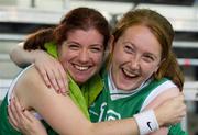 25 June 2011; Ann Marie Cooney, from  Straffan, Co. Kildare, and Laura Mangan, Drumcondra, Dublin, after they had competed in a divisioning game. 2011 Special Olympics World Summer Games, OAKA Olympic Indoor Hall, Athens Olympic Sport Complex, Athens, Greece. Picture credit: Ray McManus / SPORTSFILE