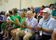 25 June 2011; Michael Ring, T.D., second from right, Minister of State at the Department of Transport, Tourism & Sport with Donagh Morgan, Assistant Secretary, at the Department of Transport, Tourism & Sport, during a divisioning game. 2011 Special Olympics World Summer Games, OAKA Olympic Indoor Hall, Athens Olympic Sport Complex, Athens, Greece. Picture credit: Ray McManus / SPORTSFILE
