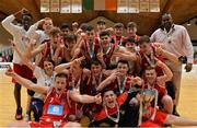 25 January 2017; St Aidans CBS players celebrate after the Subway All-Ireland Schools U19A Boys Cup Final match between Colaiste Choilm Ballincollig and St Aidans CBS at the National Basketball Arena in Tallaght, Co Dublin. Photo by Eóin Noonan/Sportsfile