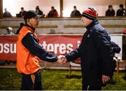 25 January 2017; Clare joint manager Gerry O'Connor and Cork manager Kieran Kingston exchange a handshake after the Co-Op Superstores Munster Senior Hurling League Round 5 match between Clare and Cork at O'Garney Park in Sixmilebridge, Co Clare. Photo by Diarmuid Greene/Sportsfile