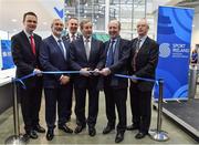 26 January 2017; An Taoiseach, Enda Kenny T.D., officially opening the new Sport Ireland National Indoor Arena in Dublin today, in the company of, from left, Patrick O'Donovan, T.D., Minister of State for Tourism and Sport, Kieran Mulvey, Chairperson, Sport Ireland, Cllr Darragh Butler, Mayor of Fingal, Shane Ross, T.D., Minister for Transport, Tourism and Sport, and John Treacy, CEO, Irish Sports Council. The state-of-the-art indoor training and events centre is situated at the heart of the Sport Ireland National Sports Campus and comprises a National Gymnastics Training Centre, National Indoor Athletics Training Centre and National Indoor Training Centre. Photo by Brendan Moran/Sportsfile