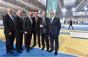 26 January 2017; An Taoiseach, Enda Kenny T.D., officially opened the new Sport Ireland National Indoor Arena in Dublin today. The state-of-the-art indoor training and events centre is situated at the heart of the Sport Ireland National Sports Campus and comprises a National Gymnastics Training Centre, National Indoor Athletics Training Centre and National Indoor Training Centre. Pictured at the opening are, from left, David Conway, Director, National Sports Campus, John Treacy, CEO, Irish Sports Council, An Taoiseach Enda Kenny, T.D., Patrick O'Donovan, T.D., Minister of State for Tourism and Sport, Shane Ross, T.D., Minister for Transport, Tourism and Sport and Kieran Mulvey, Chairperson, Sport Ireland. Photo by Brendan Moran/Sportsfile