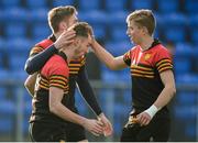 26 January 2017; Luke Sweeney of CBC Monkstown is congratulated by team-mates Sean Power, right, and Darragh Forster after scoring his side's fifth try during the Bank of Ireland Vinnie Murray Cup semi-final match between Wesley College and CBC Monkstown at Donnybrook Stadium in Dublin. Photo by Cody Glenn/Sportsfile