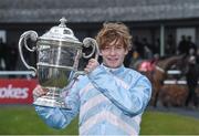 26 January 2017; David Mullins with the Goffs Thyestes Trophy after winning the Goffs Thyestes Handicap Steeplechase on Champagne West at the Gowran Park Races in Gowran Park, Co. Kilkenny. Photo by Matt Browne/Sportsfile