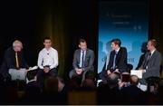 26 January 2017; ‘Leadership in Sport. Lessons for Business’ networking event, in association with Newstalk, took place today at the Intercontinental Hotel in Dublin, and was attended by almost 500 business people from across corporate Ireland. The first of its kind, the networking event, which will be replicated in both New York and London later this year, was targeted specifically at those striving to build high performance teams in business. The event brought together a number of the country’s leading sports and business people, who shared their perspectives and discussed their focus, passion and drive, as well as the attributes they deem necessary in order to achieve success and importantly to repeat that success. Pictured are, from left, Bobby Kerr, Newstalk broadcaster, left, and former Kilkenny hurlers David Herity, Jackie Tyrrell, Michael Rice and Tommy Walsh, at the Intercontinental Hotel, Dublin. Photo by Seb Daly/Sportsfile