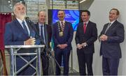 26 January 2017; An Taoiseach, Enda Kenny T.D., officially opened the new Sport Ireland National Indoor Arena in Dublin today. The state-of-the-art indoor training and events centre is situated at the heart of the Sport Ireland National Sports Campus and comprises a National Gymnastics Training Centre, National Indoor Athletics Training Centre and National Indoor Training Centre. Speaking at the opening is Kieran Mulvey, Chairperson, Sport Ireland, in the company of Shane Ross, T.D., Minister for Transport, Tourism and Sport, Cllr Darragh Butler, Mayor of Fingal, Patrick O'Donovan, T.D., Minister of State for Tourism and Sport and An Taoiseach Enda Kenny, T.D. Photo by Brendan Moran/Sportsfile