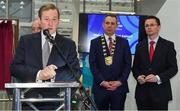 26 January 2017; An Taoiseach, Enda Kenny T.D., officially opened the new Sport Ireland National Indoor Arena in Dublin today. The state-of-the-art indoor training and events centre is situated at the heart of the Sport Ireland National Sports Campus and comprises a National Gymnastics Training Centre, National Indoor Athletics Training Centre and National Indoor Training Centre. Speaking at the opening is An Taoiseach Enda Kenny, T.D., in the company of, from left, Cllr Darragh Butler, Mayor of Fingal, and Patrick O'Donovan, T.D., Minister of State for Tourism and Sport. Photo by Brendan Moran/Sportsfile