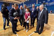 26 January 2017; An Taoiseach, Enda Kenny T.D., officially opened the new Sport Ireland National Indoor Arena in Dublin today. The state-of-the-art indoor training and events centre is situated at the heart of the Sport Ireland National Sports Campus and comprises a National Gymnastics Training Centre, National Indoor Athletics Training Centre and National Indoor Training Centre. Pictured at the opening are, from left, Patrick O'Donovan, T.D., Minister of State for Tourism and Sport, Shane Ross, T.D., Minister for Transport, Tourism and Sport, Patrick O'Connor, Board Member, Sport Ireland, basketball player Alannah Hyland, St Luke's National School, Tyrrelstown, Co. Dublin, Cllr Darragh Butler, Mayor of Fingal, John Treacy, CEO, Irish Sports Council, and Michael Ring, T.D., Minister of State for Regional Economic Development.  Photo by Brendan Moran/Sportsfile