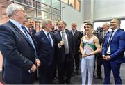 26 January 2017; An Taoiseach, Enda Kenny T.D., officially opened the new Sport Ireland National Indoor Arena in Dublin today. The state-of-the-art indoor training and events centre is situated at the heart of the Sport Ireland National Sports Campus and comprises a National Gymnastics Training Centre, National Indoor Athletics Training Centre and National Indoor Training Centre. Pictured at the opening are, from left, David Conway, Director, National Sports Campus, Kieran Mulvey, Chairperson, Sport Ireland, An Taoiseach Enda Kenny, T.D., member of the Irish Gymnastics squad Rhys McClenaghan and Ciaran Gallagher, CEO, Gymnastics Ireland. Photo by Brendan Moran/Sportsfile