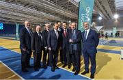 26 January 2017; An Taoiseach, Enda Kenny T.D., officially opened the new Sport Ireland National Indoor Arena in Dublin today. The state-of-the-art indoor training and events centre is situated at the heart of the Sport Ireland National Sports Campus and comprises a National Gymnastics Training Centre, National Indoor Athletics Training Centre and National Indoor Training Centre. Pictured at the opening are, from left, David Conway, Director, National Sports Campus, Michael Ring, T.D., Minister of State for Regional Economic Development John Treacy, CEO, Irish Sports Council, An Taoiseach Enda Kenny, T.D., Leo Varadkar, T.D., Minister for Social Protection, Patrick O'Donovan, T.D., Minister of State for Tourism and Sport, Patrick O'Connor, Board Member, Sport Ireland, Shane Ross, T.D., Minister for Transport, Tourism and Sport and Kieran Mulvey, Chairperson, Sport Ireland. Photo by Brendan Moran/Sportsfile