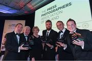 27 January 2017; Minister for Arts, Heritage, Regional, Rural and Gaeltacht Affairs Heather Humphreys T.D, with Sportsfile photographers, from left to right, Brendan Moran, Ray McManus, Stephen McCarthy, Diarmuid Greene and Ramsey Cardy after receiving their awards at the Press Photographers Association of Ireland Awards 2017 at the Ballsbridge Hotel in Ballsbridge, Co. Dublin. Photo by Ray McManus/Sportsfile
